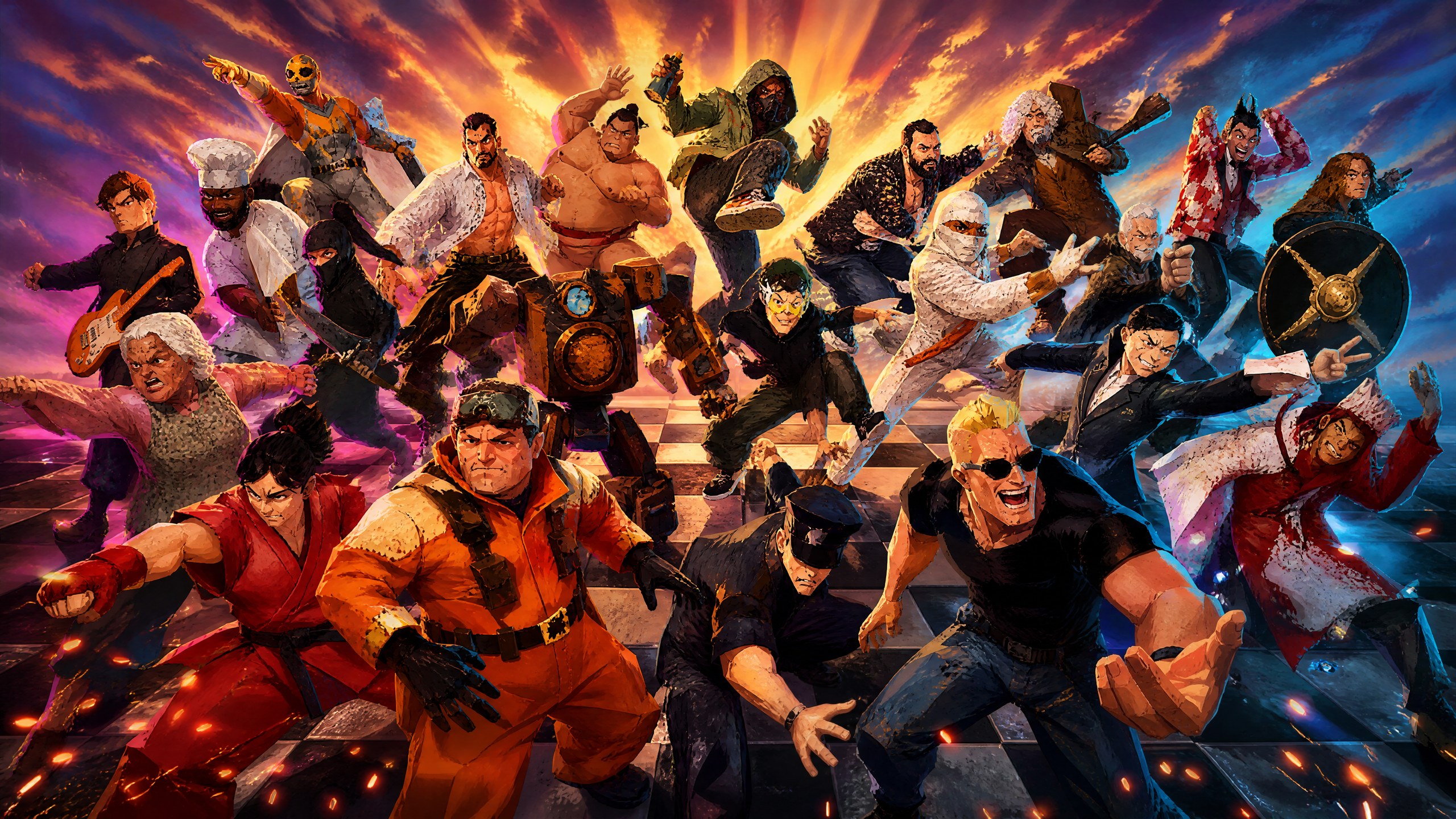 The whole roster of Chess Fighter charging out of a sunset